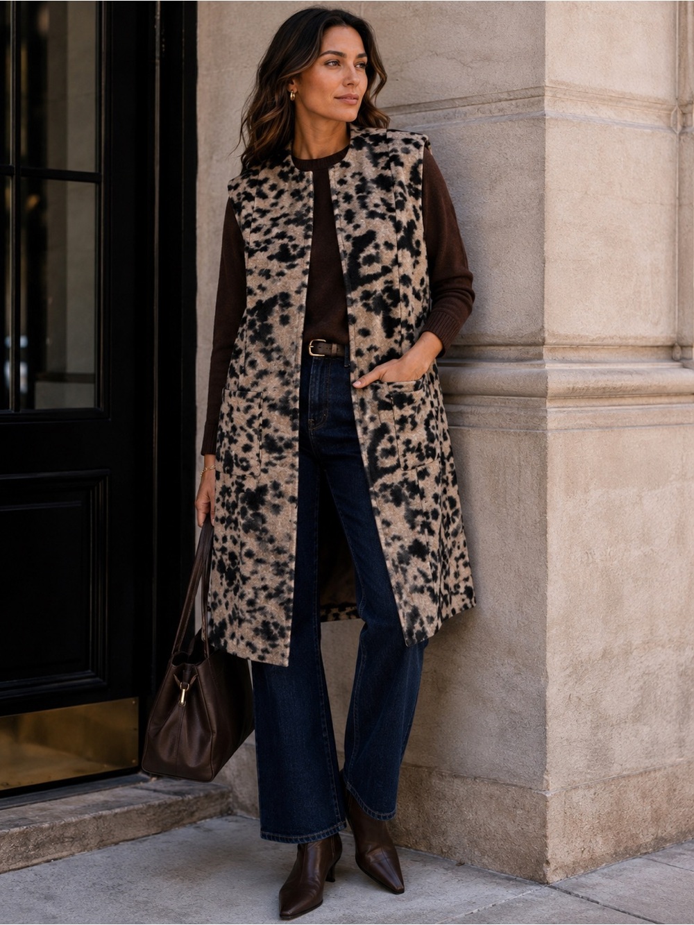 Leopard Print Wool Blend Longline Vest Coat Melanie Lyne Size 6 Pockets